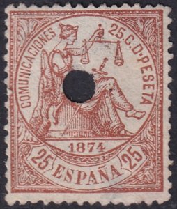 Spain 1874 Sc 205 telegraph punch (taladrado) cancel thin at bottom