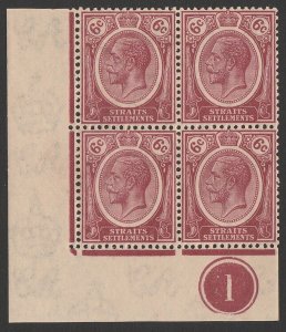 MALAYA - STRAITS SETTLEMENTS 1921 KGV 6c block plate no 1, wmk script. MNH **.