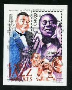 GHANA  EARLY JAZZ GREATS LOUIS SATCHMO ARMSTRONG SOUVENIR SHEET MINT NH