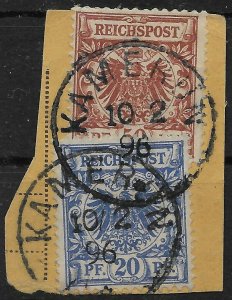 CAMEROUN SGZ11a+Z13a 1890 GERMANY 20pf+50pf USED ON PIECE IN KAMERUN