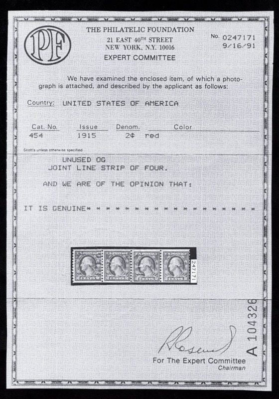 US STAMPS # 454 COIL SINGLE MINT OG NH 2 PF CERTS LOT #93056