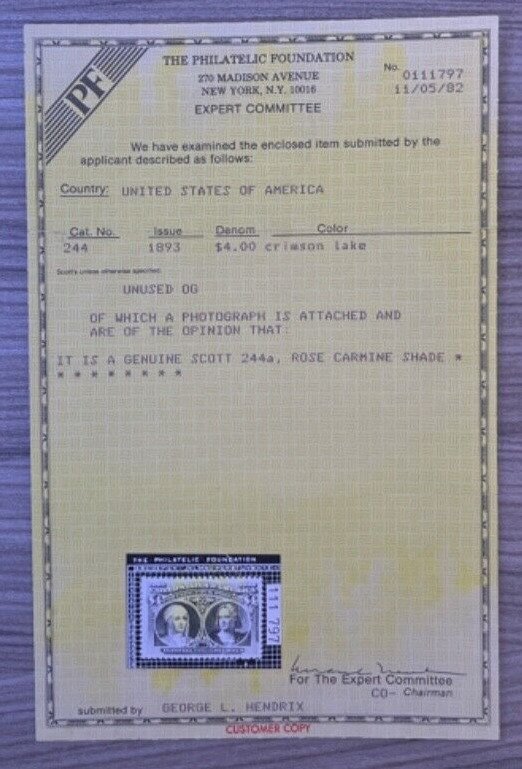MOMEN: US STAMPS #244a PALE ANALINE ROSE MINT OG LH VF/XF PF CERT LOT #92141-2*