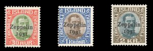 Iceland #C9-11 Cat$97, 1931 Zeppelin, set of three, hinged