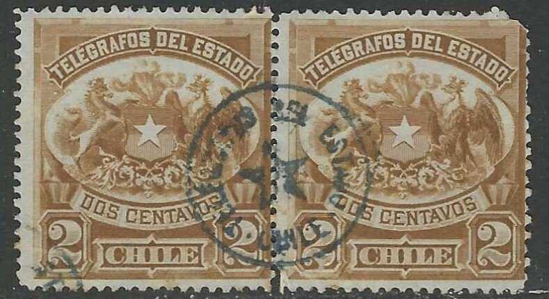 CHILE 1883 2c Coat of Arms TELEGRAPH STAMP Pair His. 1 VFU Cancel