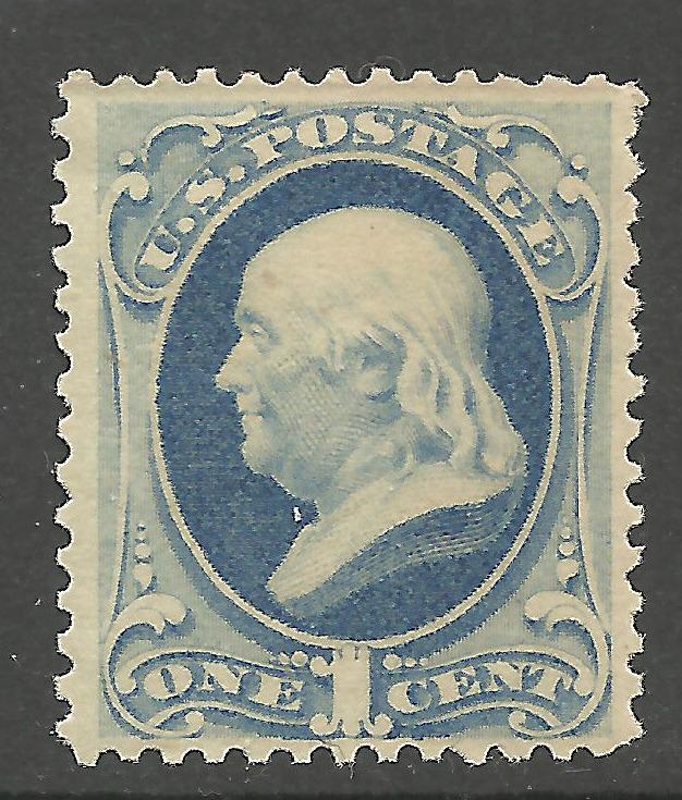 [ST]   US #182 Mint 1879  1c Franklin Dark Ultramarine on Soft Porous Paper..