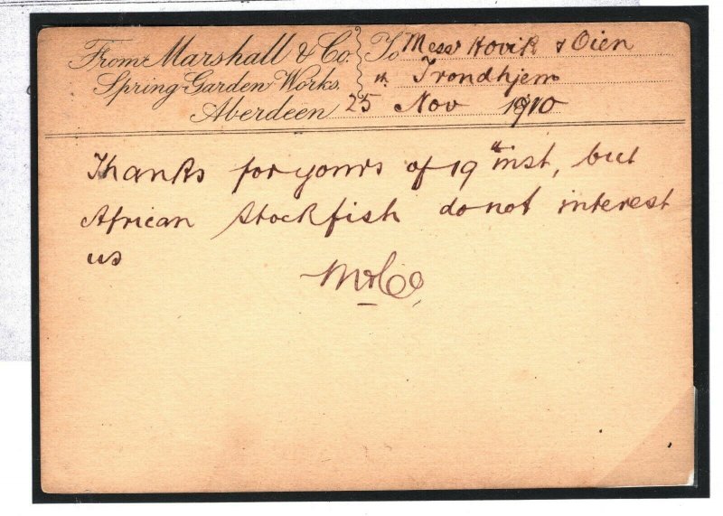 GB QV Stationery PENNY FARTHING Late Use 1910 Card 1¼d Norwau Trondheim 40.1