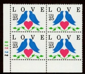 1990 Love Birds Plate Block Of 4 25c Postage Stamps, Sc# 2440, MNH, OG