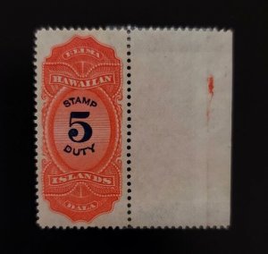 1909 $5 Hawaiian Islands Stamp 5 Duty Tax R15* No Gum American Bank Note Company