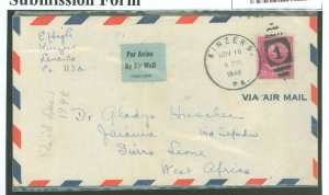 US 829 1948 Solo 25c McKinley (presidential/prexy series) paid the 25c per half ounce airmail rate to Africa on this 1948 cover