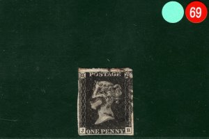 GB ONE PENNY BLACK 1840 QV Stamp SG.2 1d Plate 8 (JB) Used MX Cat £525- LRED69