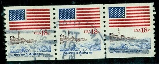 US #1891, 18¢ Flag & Lighthouse, Plate #6 Strip of 3, used, VF, PF certificate