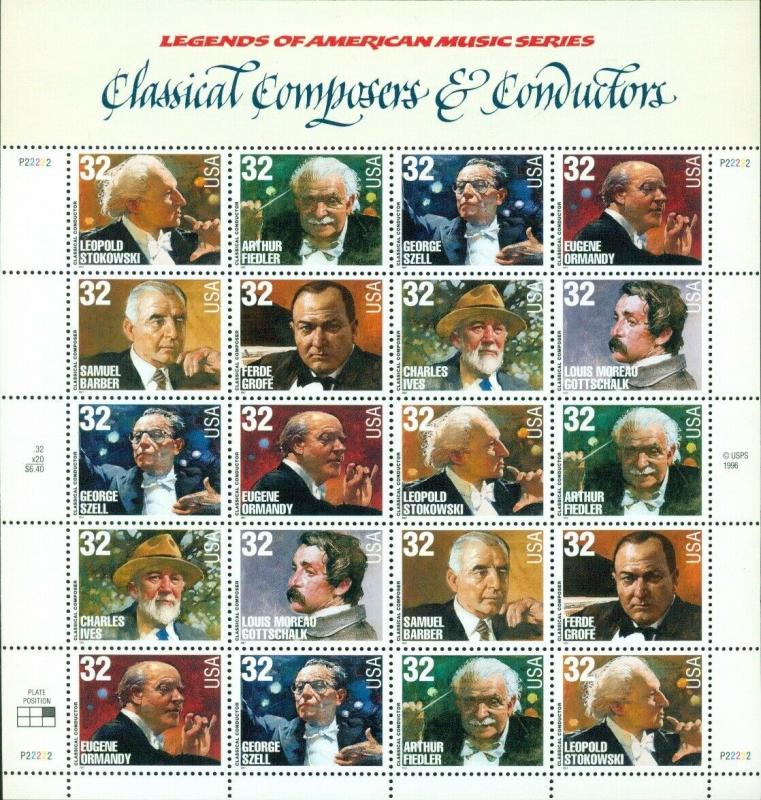 US: 1996 CLASSICAL COMPOSERS & CONDUCTORS; Sheet Sc 3339-44; 32 Cents Music 