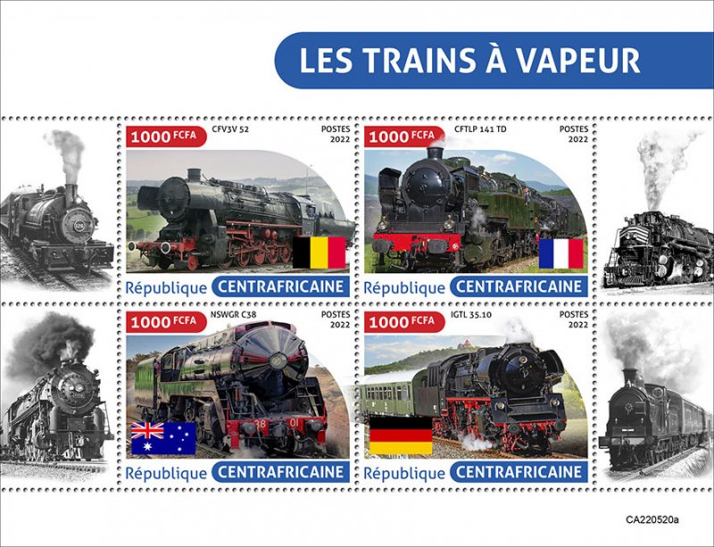 C A R - 2022 - Steam Trains - Perf 4v Sheet - Mint Never Hinged