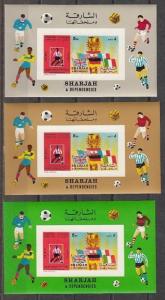 Sharjah, Mi cat. 653, BL A65 B. World Cup Soccer, 3 IMPERF s/sheets. ^