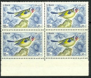 LEBANON 1965 10p European Goldfinch Birds Pictorial Block of 4 Sc 435 MNH