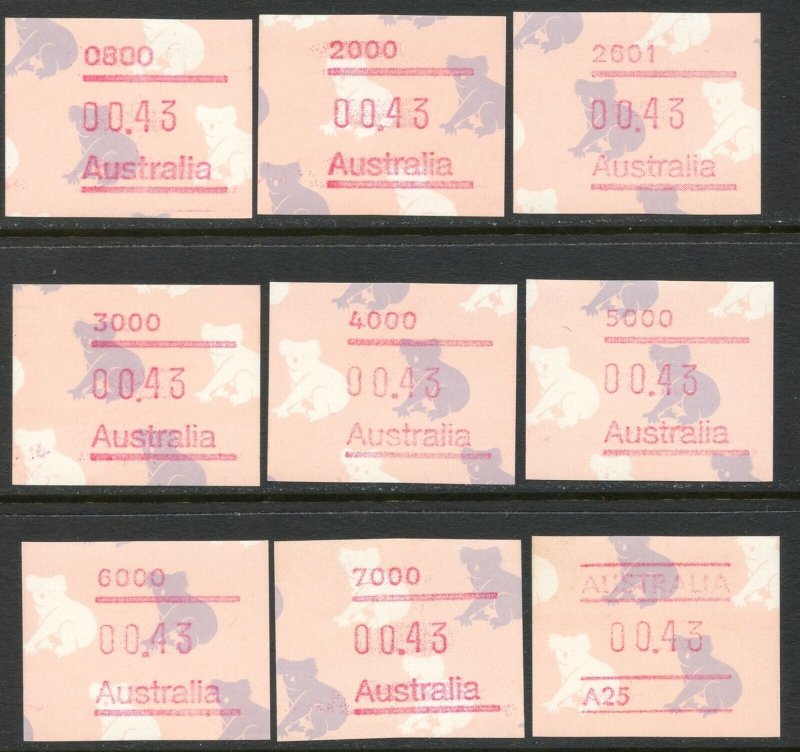 AUSTRALIA 1990 Koala FRAMA Labels Complete Set of 9 Post Codes OG MNH