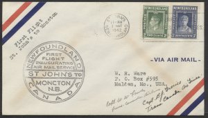 1942 Pilot Signed Flight Cover St John's Newfoundland to Moncton NB #4205j