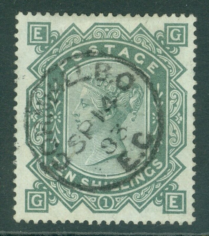 SG 131 10/- grey-green. Very fine used with a central Cornhill B.O. CDS, Sept... 