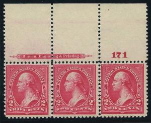 267 VF-XF MNH OG-2¢ Washington TOP PLATE# AND IMPRINT STRIP OF 3 (REM 267-12) 