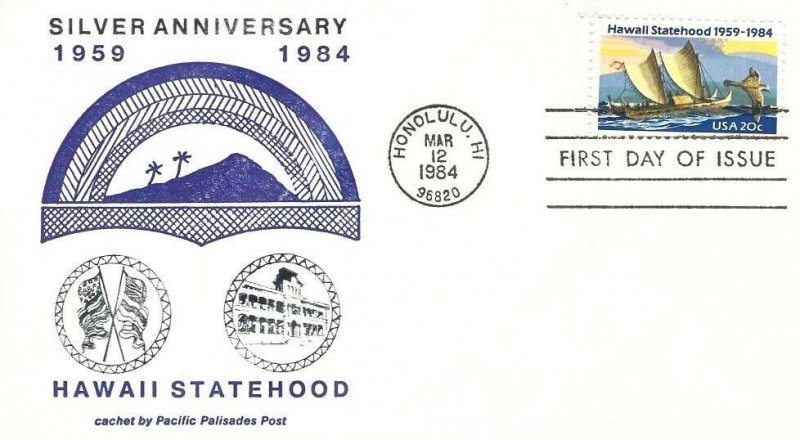 2080 20c HAWAII STATEHOOD - 1st Pacific Palisades Post cachet