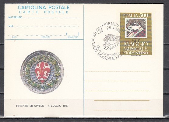 Italy, 1987 issue. Maggio Musicale Postal Card. First day cancel. ^