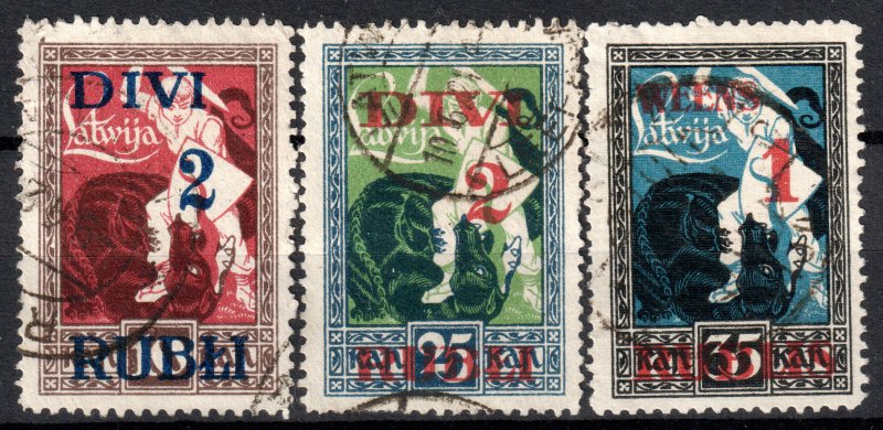 Latvia #91-93  Used - Warrior Slaying Dragon Overprinted (1920)
