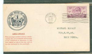 US 782 1936 3c Arkansas Centennial on an addressed first day cover with a cachet by an unknown publisher