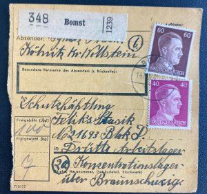 1944 Bomst Poland Parcel Cover to Drutte Neuengamme Concentration Camp KZ