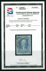 USAstamps Used XF-S US Serie of 1861 Washington Scott 72 + Certificate