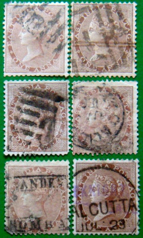 BRITISH INDIA 1865 1a Queen Victoria 6 Stamps USED WATERMARK : ELEPHANT'S HEAD