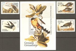 GRENADA  GRENADINES Sc# 637 - 641 MNH FVF Set-4+ Souv Sht Audubon Birds