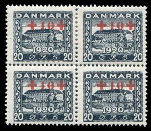 Denmark #B2 Cat$76+, 1921 20o+10o slate, block of four, top stamps hinged, bo...