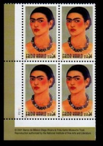 2001 Frida Kahlo Plate Block 4 34c Postage Stamps, Sc# 3509, MNH, OG