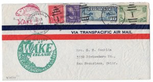 Prexie 2c, 3c, Map 10c, Clipper 20c airmail from Wake Island to Calif. 1939