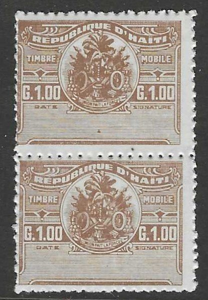 HAITI c1950 1g Brown General Duty Revenue Stamp Pair MNH