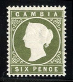 Gambia #18 Cat$20, 1893 6p slate green, lightly hinged