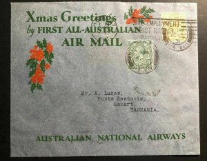 1931 London England Xmas First All Australia Flight Cover To Hobart Tasmania