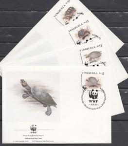 Venezuela, Scott cat. 1471 A-D. Turtles, W.W.F. issue on 4 First day Covers. ^