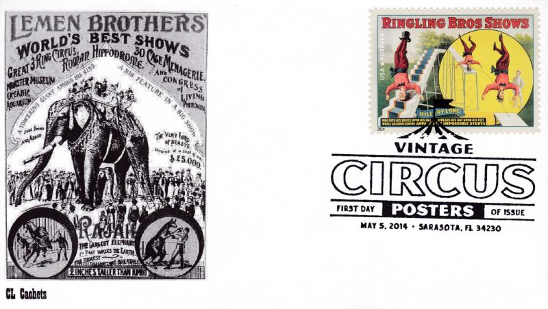 United States 2014 Vintage Circus Posters (8) on First Day Covers B&W CL Cachet