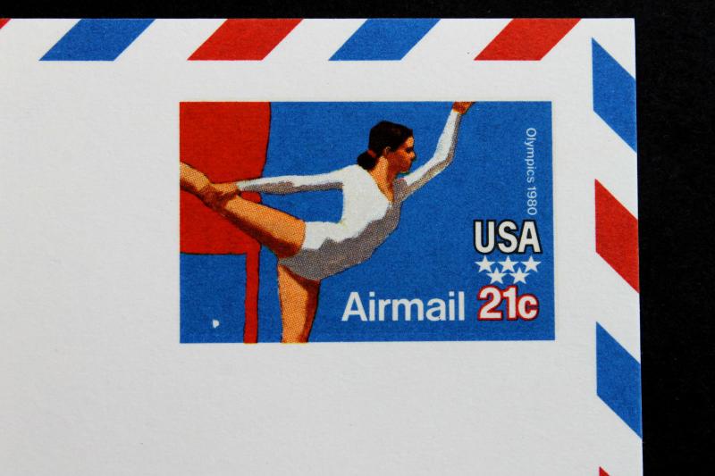 Printing ERROR/ EFO US Postal Card SC # UXC18 Mint , Gymnast  1979 Air Mail