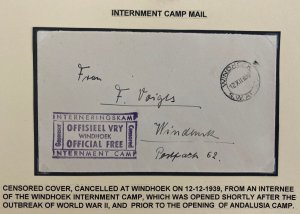 1939 Windhoek South West Africa Interment Camp Censored Cover Locally used