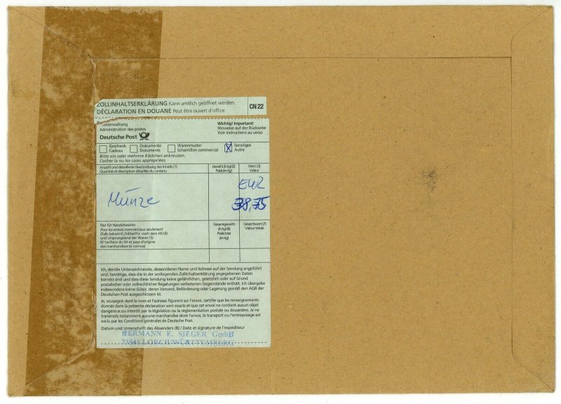 Germany to USA Deutsche Post Registered Airmail Priority Cover Customs Label