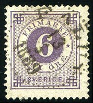 Sweden #44a Cat$55, 1886-91 Numerals With Posthorns on Reverse, 6o violet, used