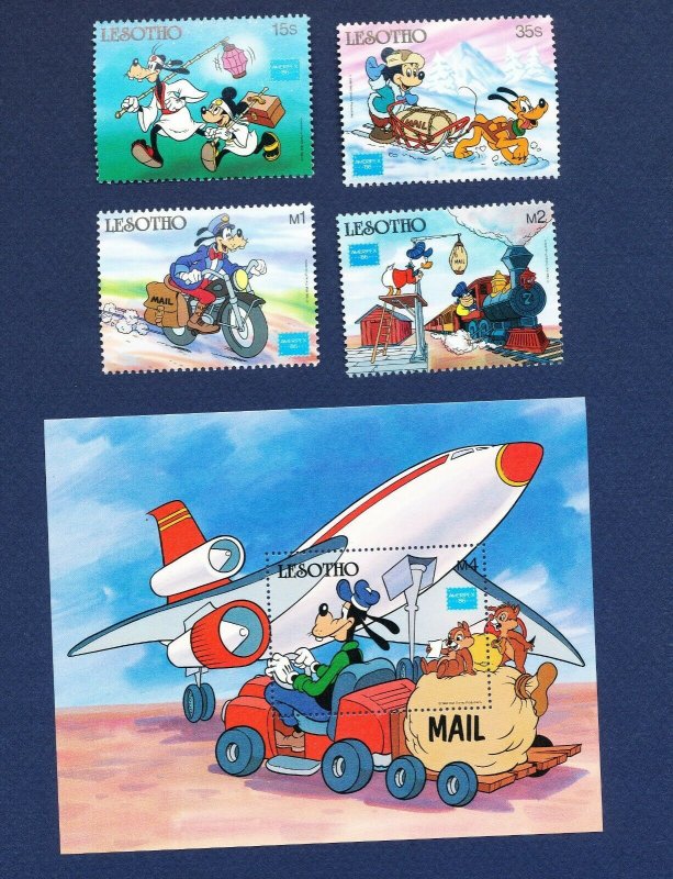 LESOTHO -  541-544 - VF MNH - Disney - Mail Carriers, Motorcycle, Dog Sled  1986