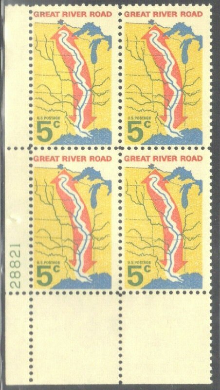 USA  PLATE BLOCKS SC# 1319 **MNH** 1966  5c GREAT RIVER ROAD  SEE SCAN