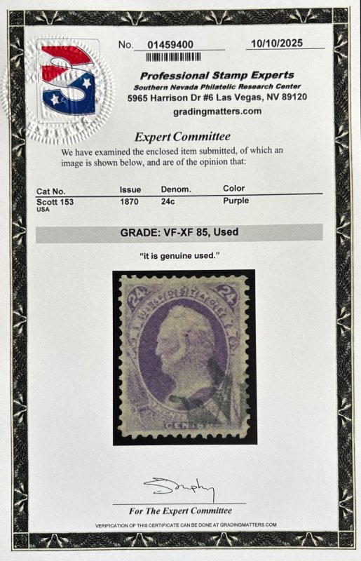 US #153 USED VF/XF w/PSE Cert SMQ $350.  Great deal!!