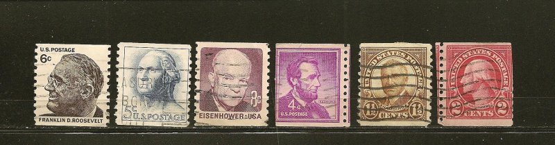 USA  Lot of 6 Different Older Coil Stamps Used