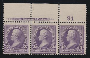 US 253 3c Jackson Plate #91 Strip of 3 Mint F-VF OG NH SCV $1200