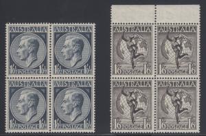 Australia Sc 247, C6 MNH. 1949 Air Mail + 1952 KGVI, blocks of 4 F-VF