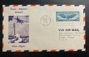 1939 New York USA First Flight Airmail Cover FFC To Topeka KS Trans Atlantic